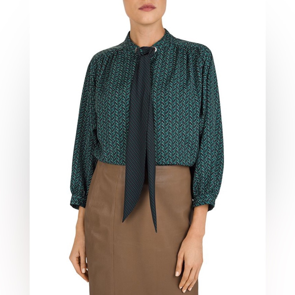 Gerard Darel Green Heart Print Tie Neck Blouse